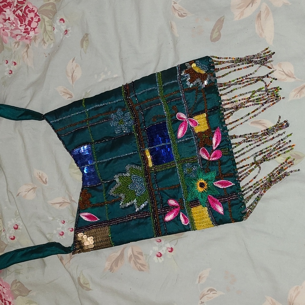 Green silk Milson & Louis boho fringe shoulder purse bag